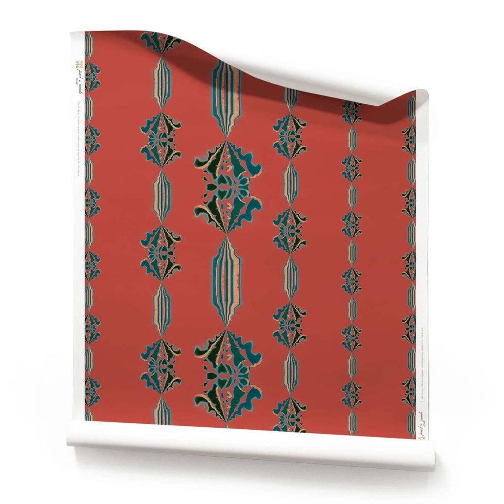 A roll Rust Red Teal Floral Striped Wallpaper • Charlie, Clay Coated, on a white background
