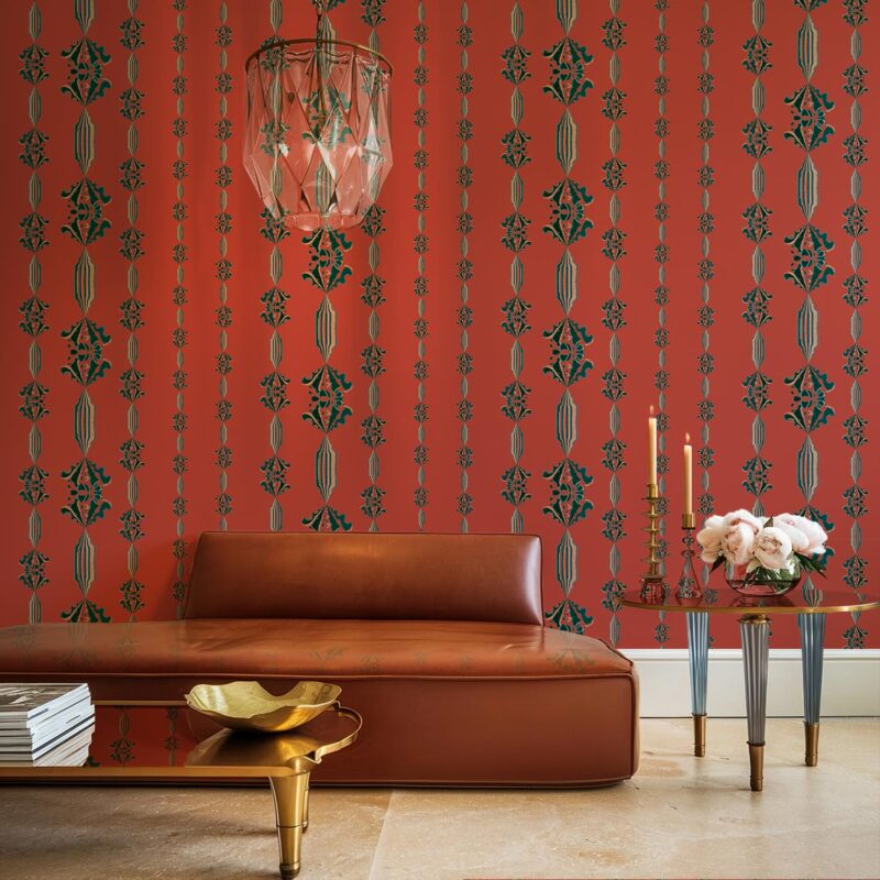 Rust Red Teal Floral Striped Wallpaper · Charlie · Clay Coated - Image 2