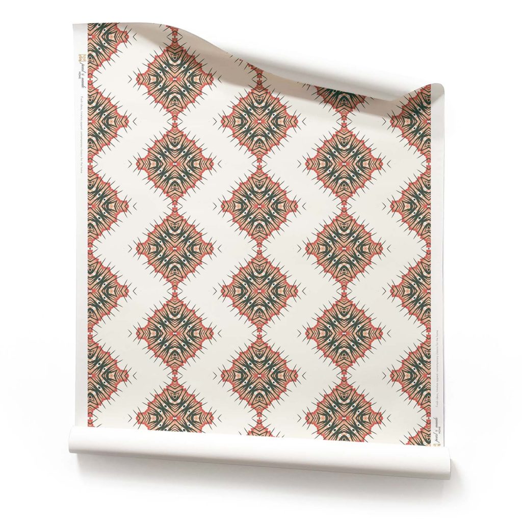 a roll of Desert Diamonds Cream Wallpaper with Peach Abstract Pattern. medium scale repeat