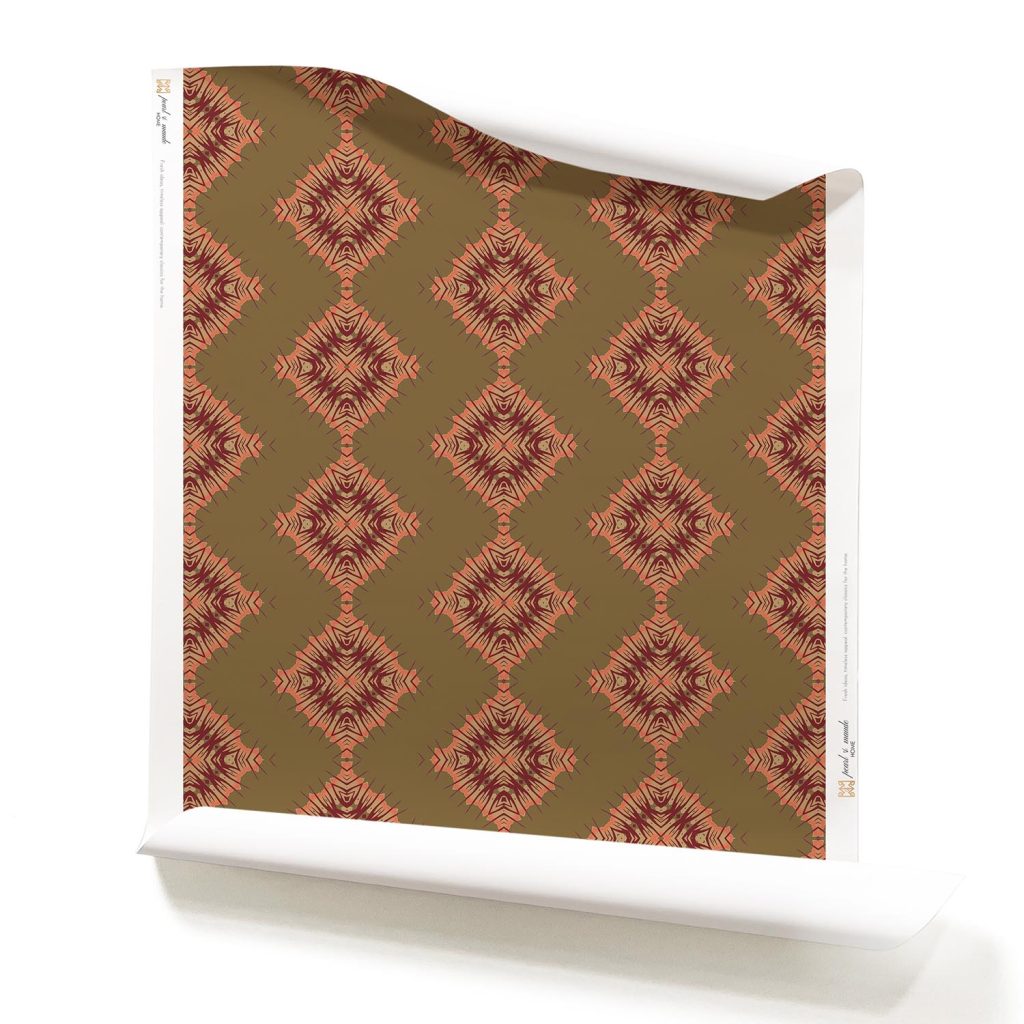 A roll of Desert Diamonds dark brown wallpaper with abstract pattern. Medium scale repeat for this dark, moody wallpaper on our classic paper wallpaper