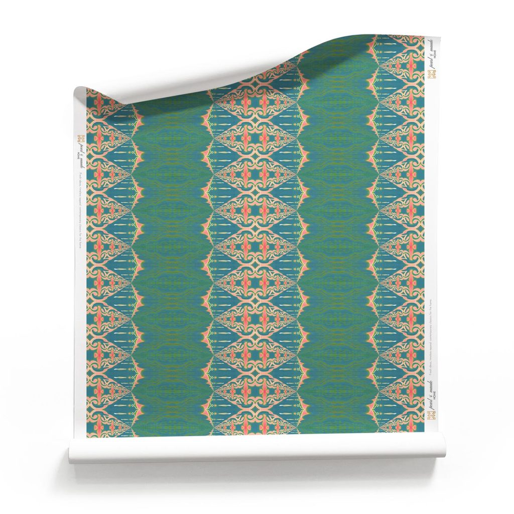 Elizabeth Lake Petal dark teal wallpaper with ornate blush stripe_clay coated_fancy wallpaper by Pearl and Maude1500