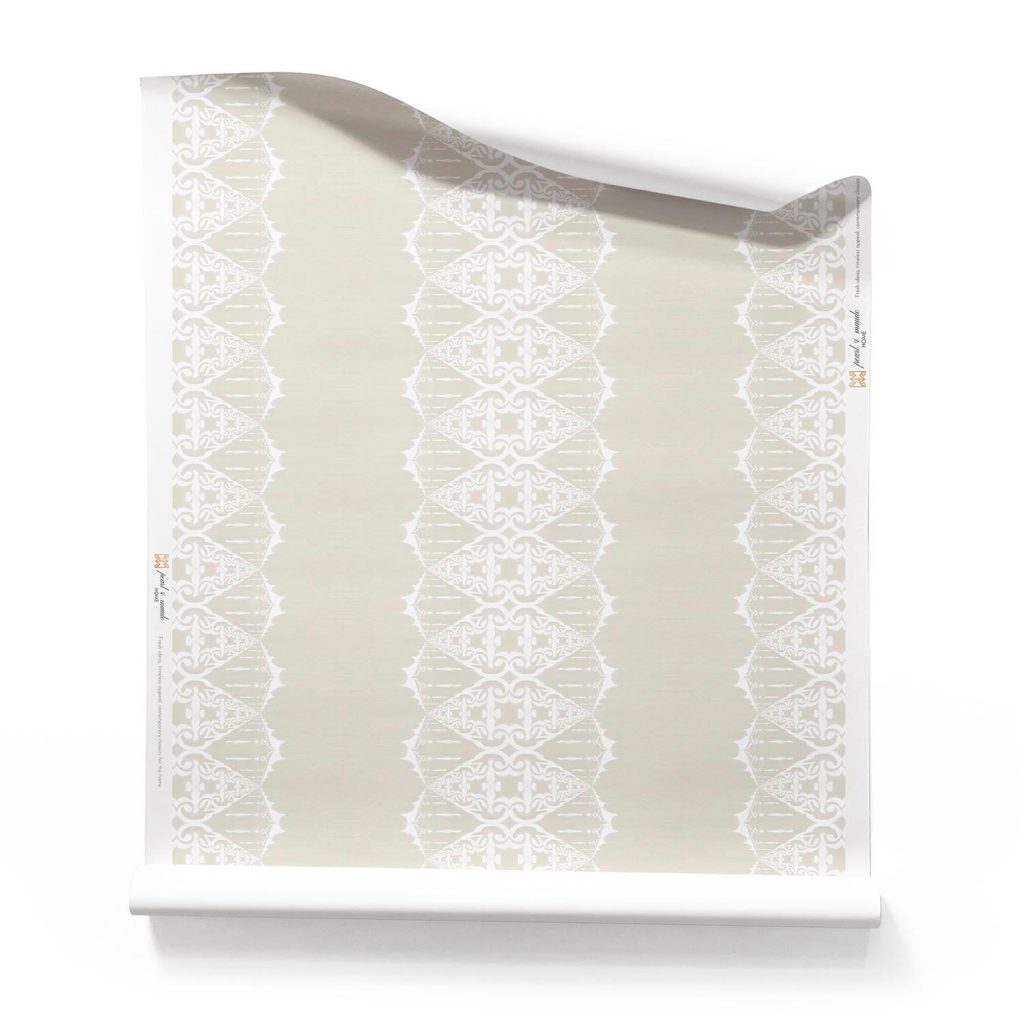 A roll of Elizabeth beige wallpaper with ornate white stripe, on a white background