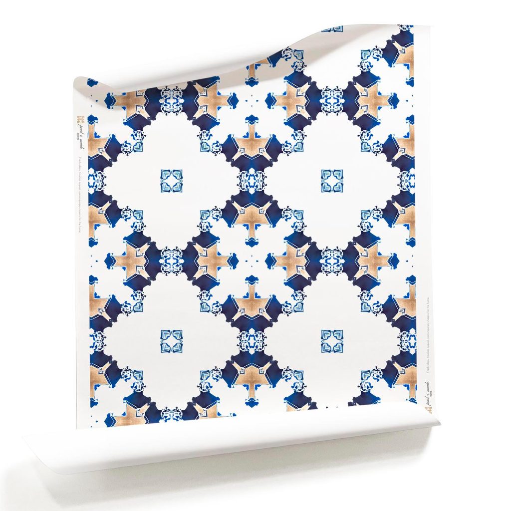 Roll of Eva - sapphire blue art deco wallpaper - blue, gold and white diamond pattern. Design - Eva by Pearl and Maude