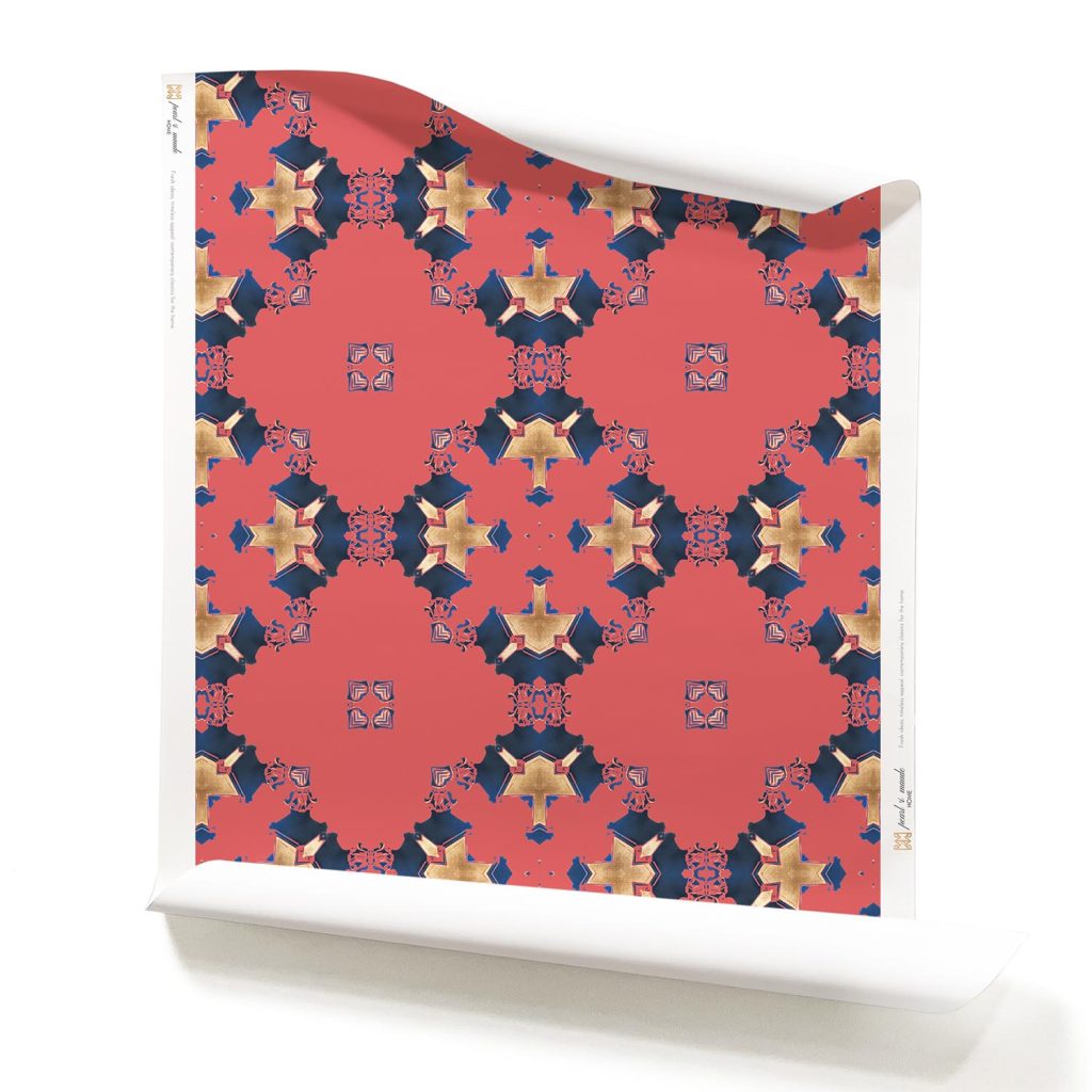 Roll of Coral Pink Geometric Art Deco Wallpaper - blue, gold and terracotta rose wallpaper. Design - Eva by Pearl and Maude. Roll of Eva - a coral pink Art Deco wallpaper pattern. Design - Eva by Pearl and Maude