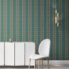 A room wallpapered in abstract Ikat wallpaper with teal and brown stripes. By Pearl and Maude