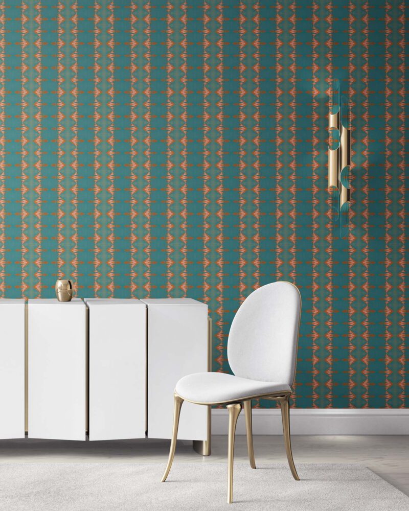 A room wallpapered in abstract Ikat wallpaper with teal and brown stripes. By Pearl and Maude