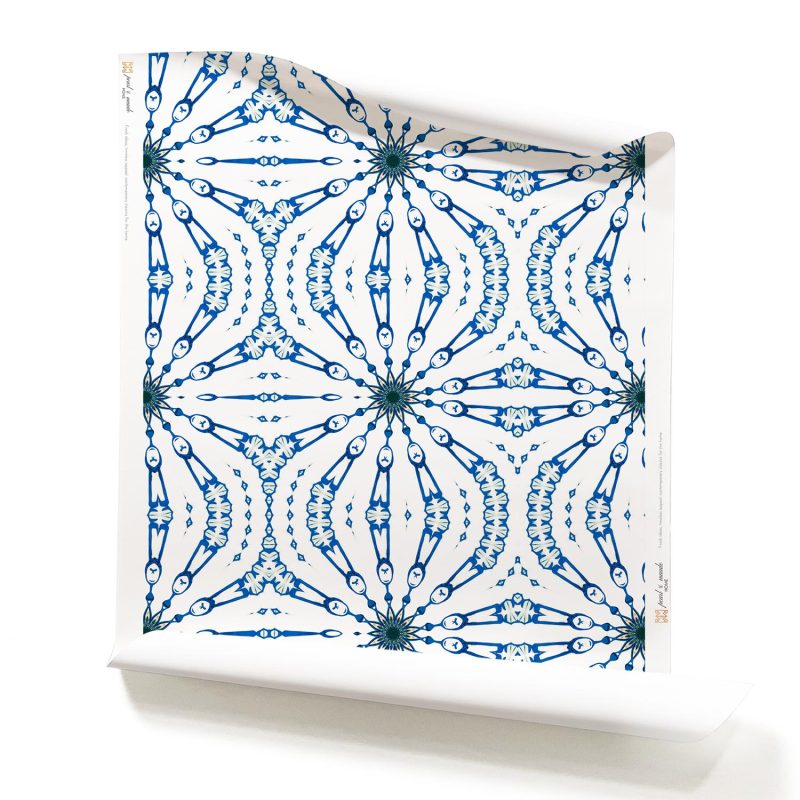 Fern blue and white arabesque wallpaper by Pearl & Maude