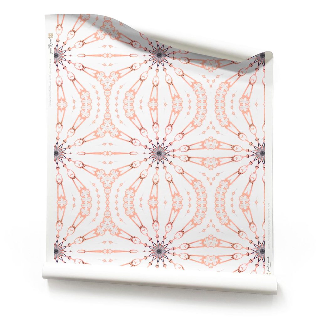 Fern • Pink, White Arabesque Wallpaper, Clay Coated