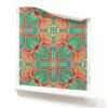 a roll of Mallorca - a bright wallpaper with teal and coral shapes. a modern take on Spanish tile design. It is a colorful geometric artisan wallpaper designed in Los Angeles. Design - Mallorca by Pearl and Maude. wallpaper comes untrimmed. This is a roll of Mallorca Teal and Coral Bright Wallpaper. It is a colorful maximalism wallpaper designed in Los Angeles. Design - Mallorca by Pearl and Maude. wallpaper comes untrimmed.