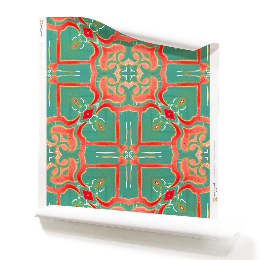 a roll of Mallorca - a bright wallpaper with teal and coral shapes. a modern take on Spanish tile design. It is a colorful geometric artisan wallpaper designed in Los Angeles. Design - Mallorca by Pearl and Maude. wallpaper comes untrimmed. This is a roll of Mallorca Teal and Coral Bright Wallpaper. It is a colorful maximalism wallpaper designed in Los Angeles. Design - Mallorca by Pearl and Maude. wallpaper comes untrimmed.
