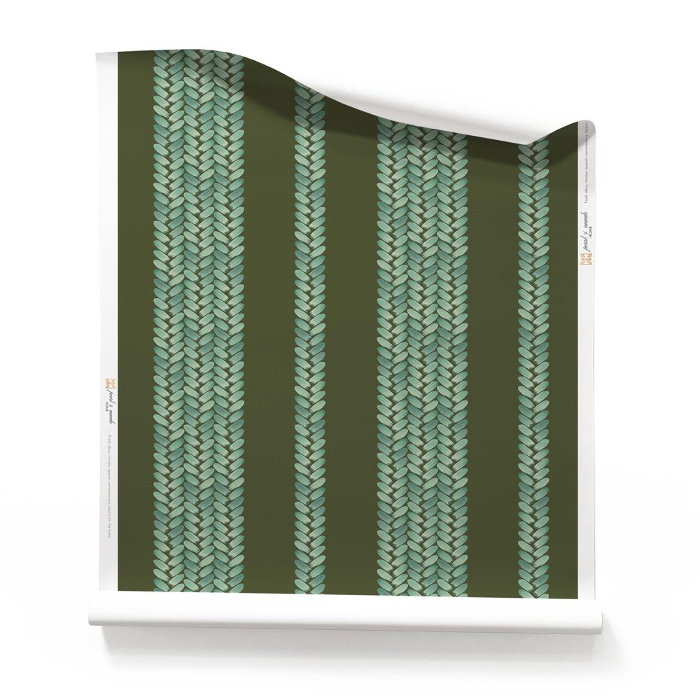 Roll of Perigrene green striped wallpaper showing the braided pattern in dark olive green and turquoise