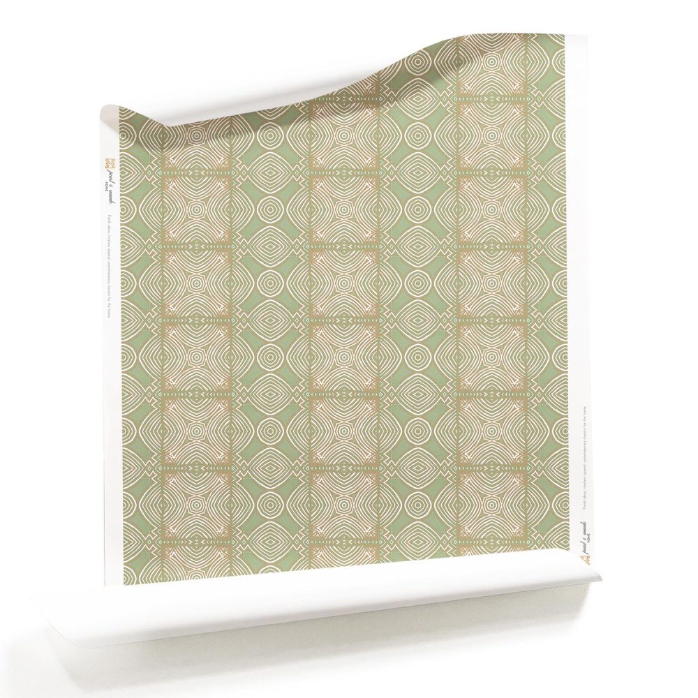 A roll of Ruguru green tile wallpaper pattern in sage green and brown and a medium scale repeat