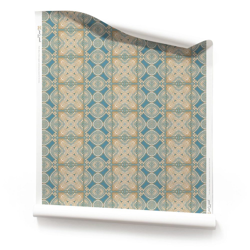 A roll of medium scale Ruguru intricate tile wallpaper in blue white and brown