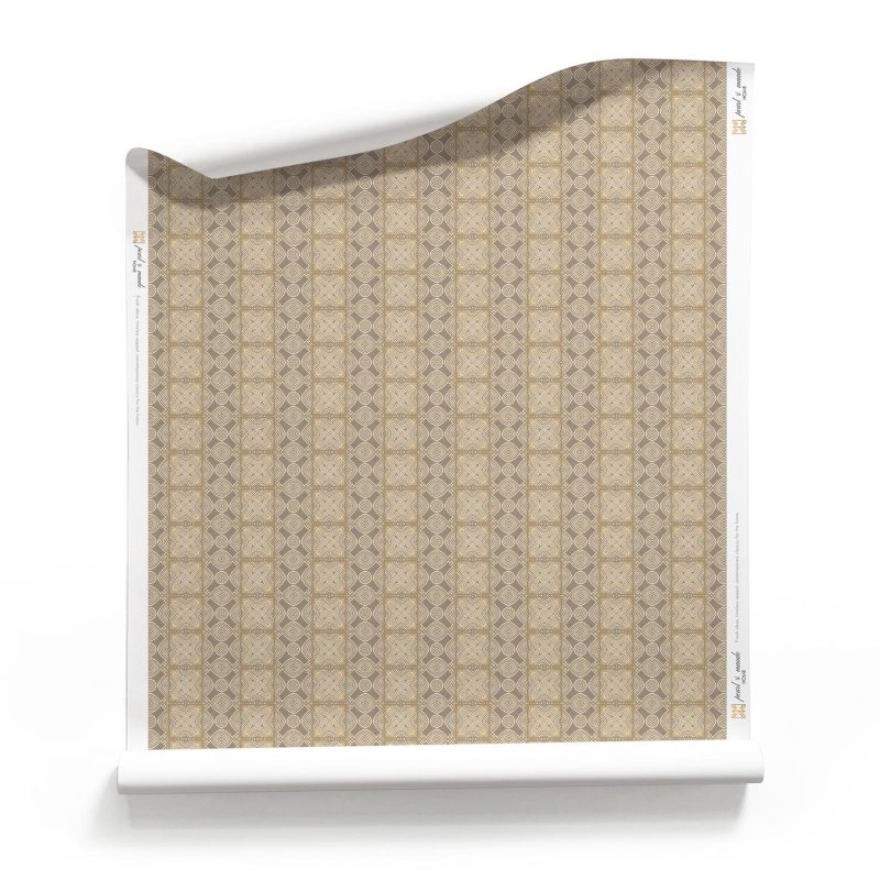A roll of Ruguru brown tile wallpaper in silt brown and white colors. Small pattern