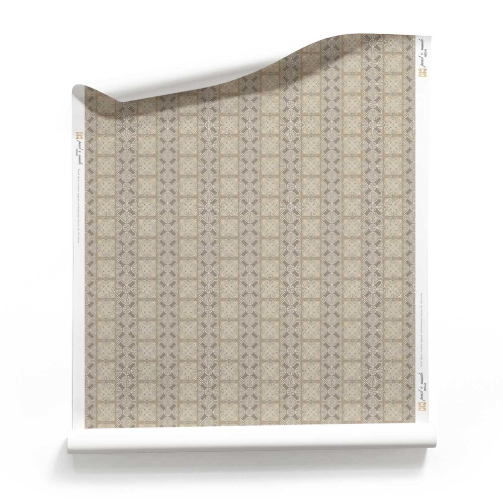 A roll of Ruguru beige art deco wallpaper in silt brown and white colors. Small pattern