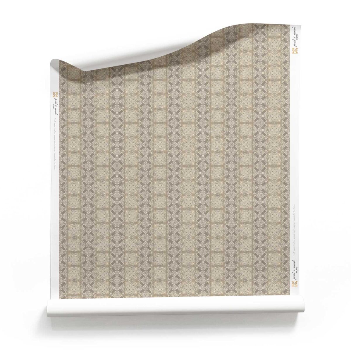 A roll of Ruguru Brown Art Deco Wallpaper Small Scale on a beige background. A roll of Ruguru beige art deco wallpaper in silt brown and white colors. Small pattern