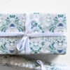 Carmen-Blue-Wrapping-Paper-Roll-and-Wrapped-Gift_square_72 Carmen blue floral wrapping paper on a gift and in a roll