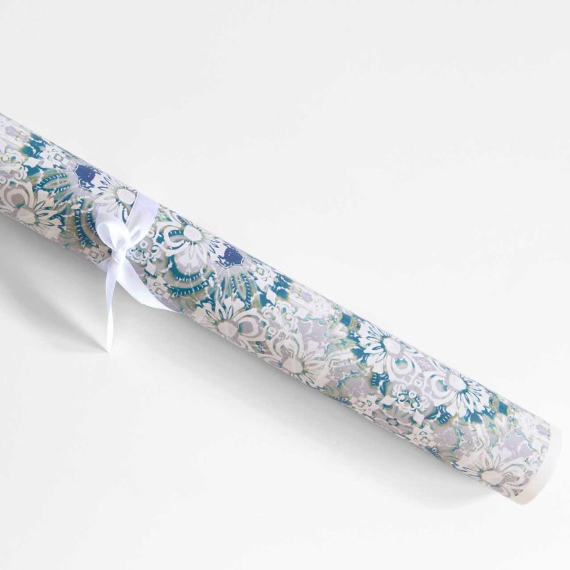 a roll of Carmen blue floral wrapping paper