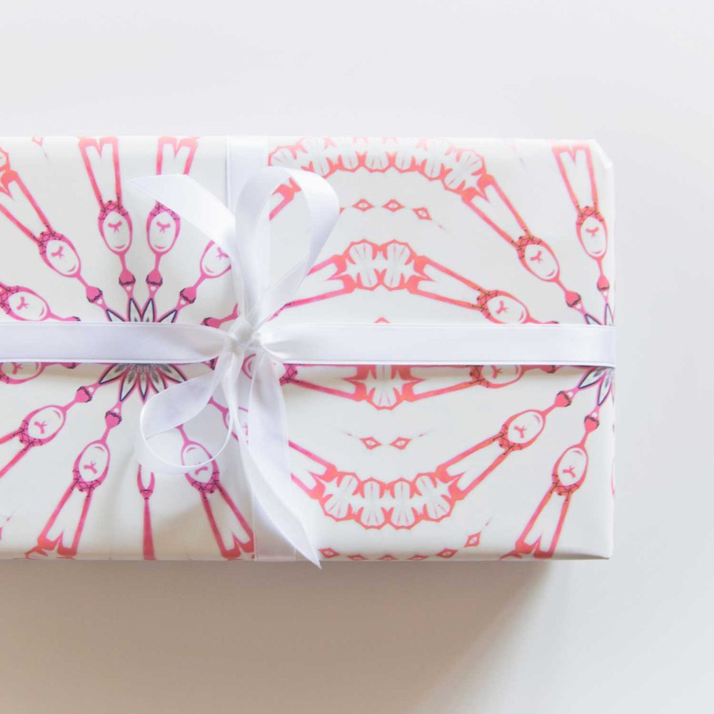 Fern pink and white wrapping paper wrapped gift