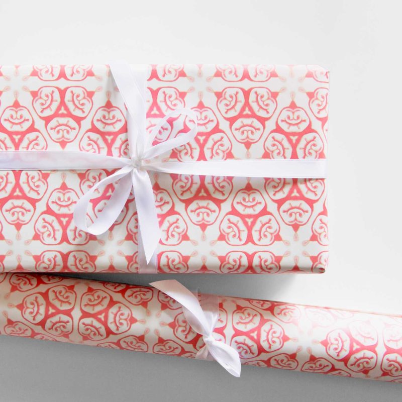 Tulia coral and white chinoiserie gift wrap with gift