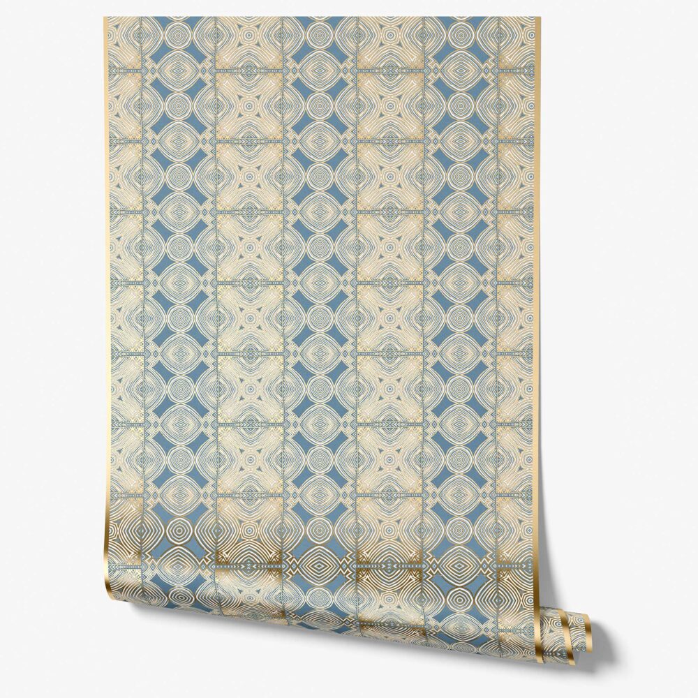 Ruguru Steel Blue and gold Metallic Wallpaper roll in blue and gold, ornate repeating pattern with shimmery reflective finish.