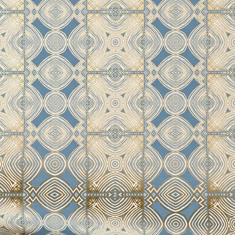 Ruguru Steel Blue Metallic Foil Wallpaper swatch in blue and gold, reflective foil design with luminous shimmer.