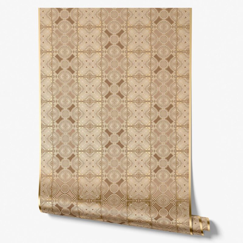Ruguru Sunkissed Metallic Foil Wallpaper roll in warm brown and gold. This brown and gold metallic wallpaper shows an ornate pattern with reflective foil shimmer.