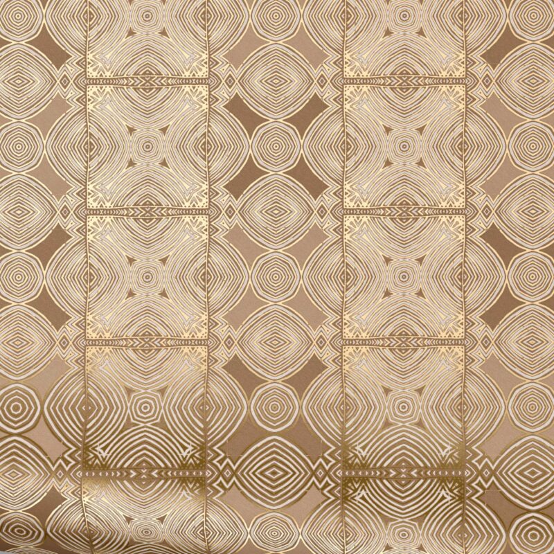 Ruguru Sunkissed Metallic Foil Wallpaper swatch in brown and gold, metallic foil surface with warm glow.