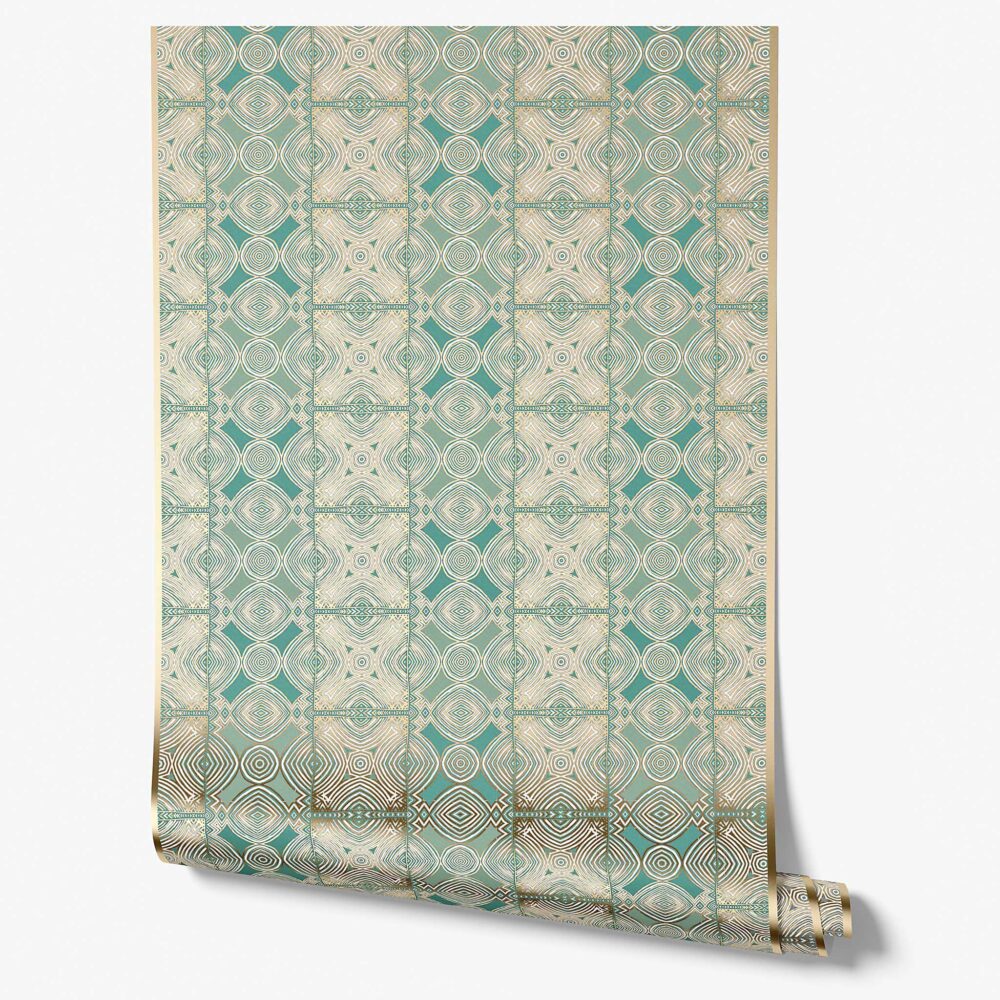 Ruguru green and gold Metallic Wallpaper roll is a jade and gold, intricate reflective design with shimmery foil finish.