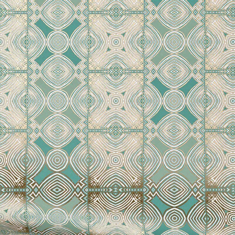 Ruguru Jade Metallic Foil Wallpaper swatch in green and gold, luminous foil pattern with elegant shimmer.