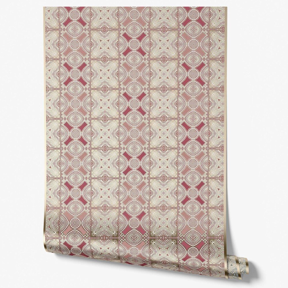 Ruguru Pink and Gold Metallic Wallpaper roll, ornate reflective foil pattern with rich shimmery depth.