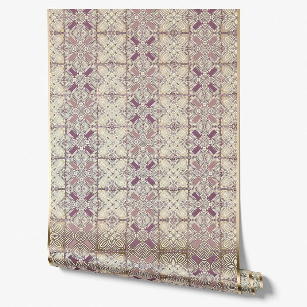 Ruguru purple and gold Metallic Wallpaper roll, this metallic foil wallpaper features a bold repeating pattern with reflective finish. This unique wallpaper is exclusive to Pearl & Maude