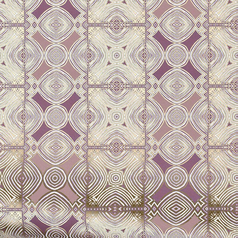 Ruguru Plum Metallic Foil Wallpaper swatch in purple and gold, ornate design with shimmering metallic surface.
