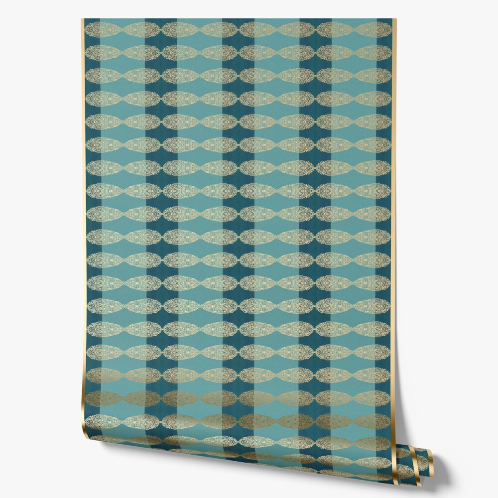 Soraya Soraya Peacock Blue and Gold Exotic Striped Wallpaper is a Metallic Foil Wallpaper roll in blue and gold, shimmery reflective surface with ornate repeating pattern.