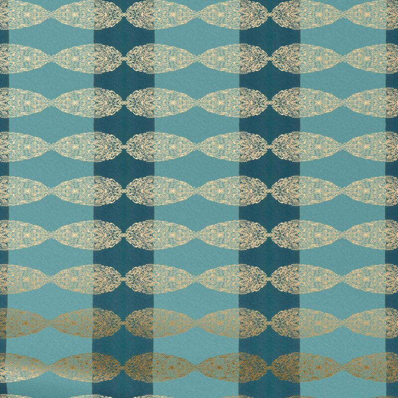 Soraya Peacock Metallic Foil Wallpaper swatch in blue and gold, reflective foil design with elegant shimmer.