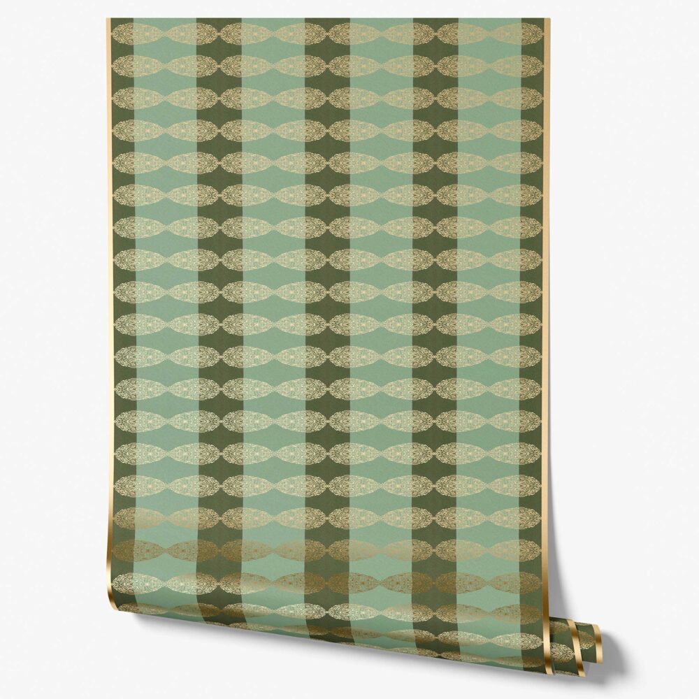 Soraya Verdant Metallic Foil Wallpaper roll is a green and gold exotic striped wallpaper. It has an ornate reflective pattern with shimmery foil finish.
