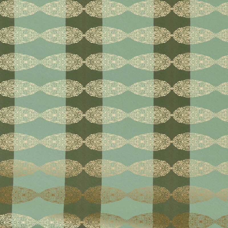 Soraya Verdant Metallic Foil Wallpaper swatch in green and gold, genuine metallic foil with elegant shimmer.