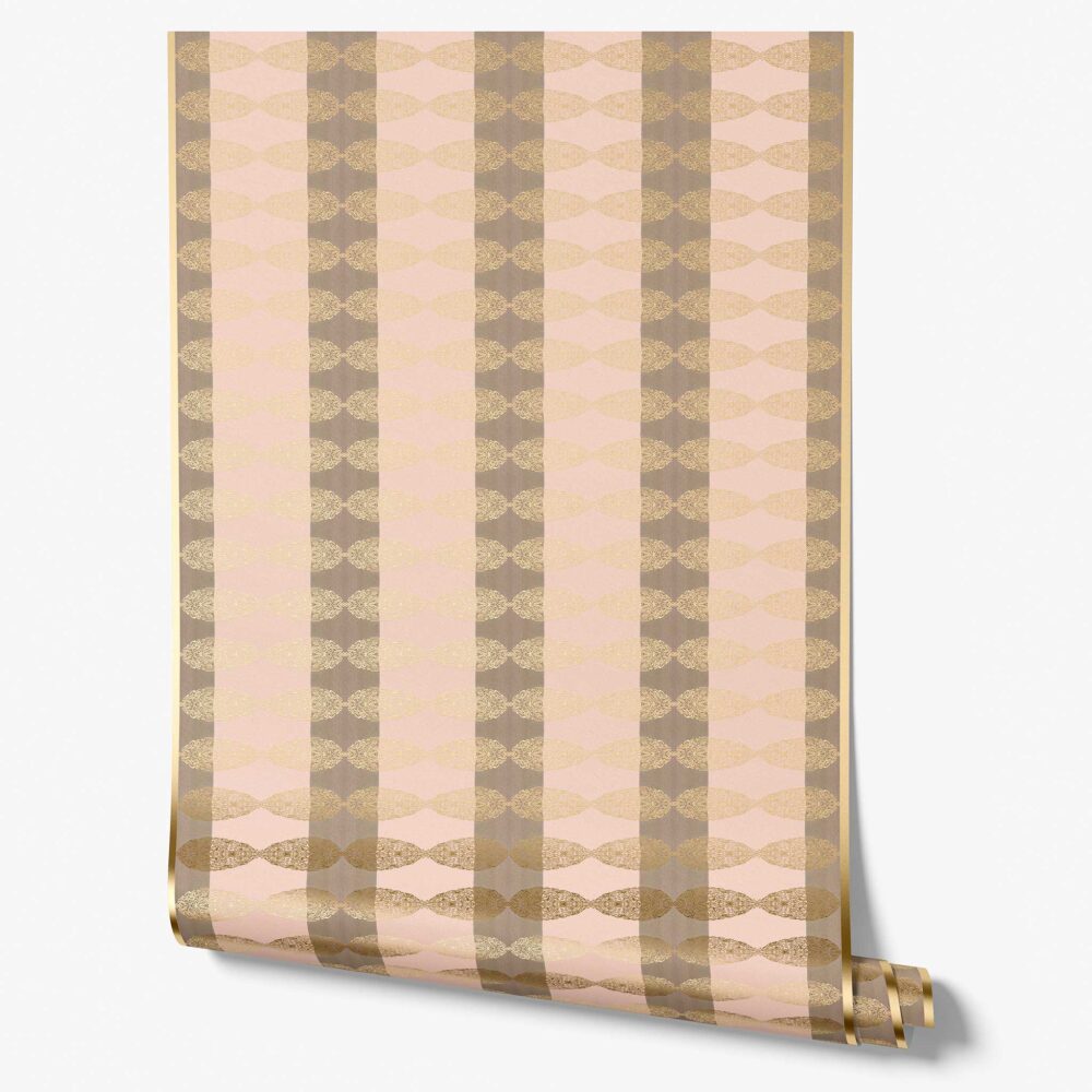 Soraya Blushstone Metallic Foil Wallpaper roll is a pink and gold exotic striped wallpaper, complete with shimmery reflective foil and ornate design.
