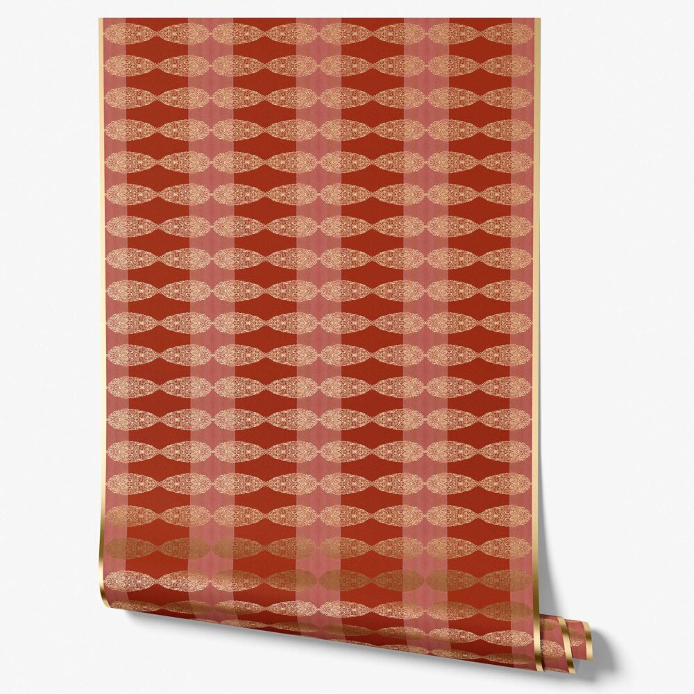 Soraya Cinnabar is a unique wallpaper - this Red and Gold Exotic Striped Wallpaper has an ornate reflective foil design with bold shimmery finish.