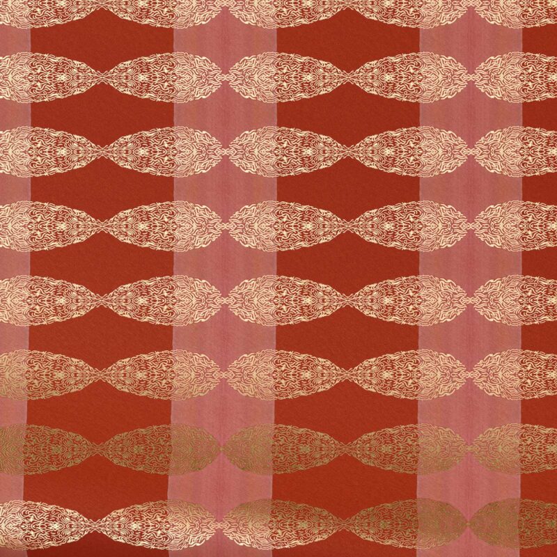 Soraya Cinnabar Metallic Foil Wallpaper swatch in red and gold, shimmery metallic surface with luminous depth.