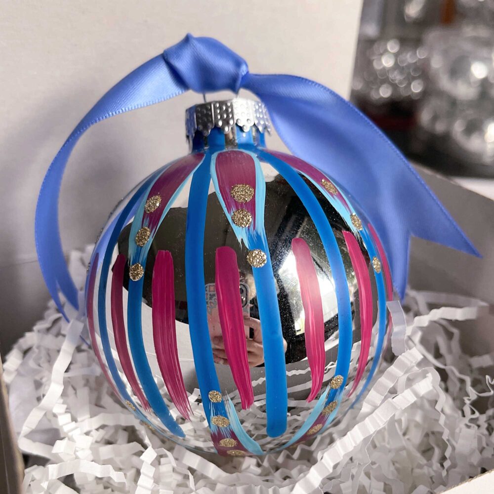 festive blue hand painted glass Christmas ornament