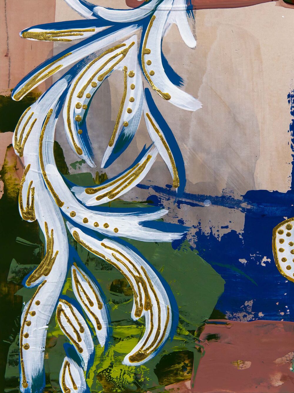 Architectural abstract painting by Teale Hatheway featuring a scrolling neoclassical rinceau motif in white and blue with gold leaf embellishments. The stylized foliate tendrils sweep diagonally across a layered background of olive green, cobalt blue, and soft parchment, evoking classical ornament through contemporary brushwork and color.