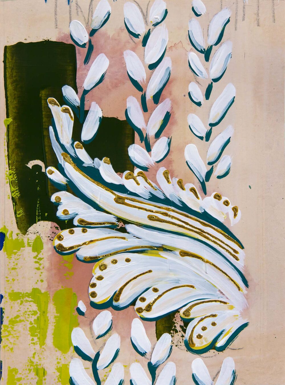 Architectural abstract painting by Teale Hatheway featuring a neoclassical scroll motif surrounded by stylized laurel or olive branch forms. The composition layers expressive white and teal brushstrokes with gilded detailing over a blush-toned background, evoking classical ornamentation with movement, rhythm, and contemporary color.