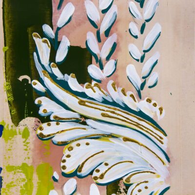 Architectural abstract painting by Teale Hatheway featuring a neoclassical scroll motif surrounded by stylized laurel or olive branch forms. The composition layers expressive white and teal brushstrokes with gilded detailing over a blush-toned background, evoking classical ornamentation with movement, rhythm, and contemporary color.