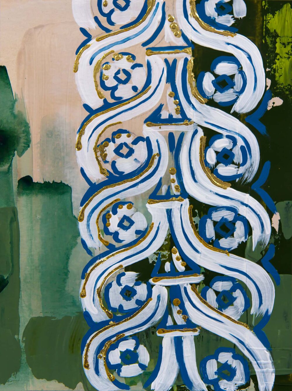 Architectural abstract painting by Teale Hatheway featuring a stylized guilloche motif composed of interlaced scrolls and rosettes. Painted in white, cobalt blue, and gold against a parchment and green-toned background, the work reinterprets classical border ornament with bold color and expressive brushwork.