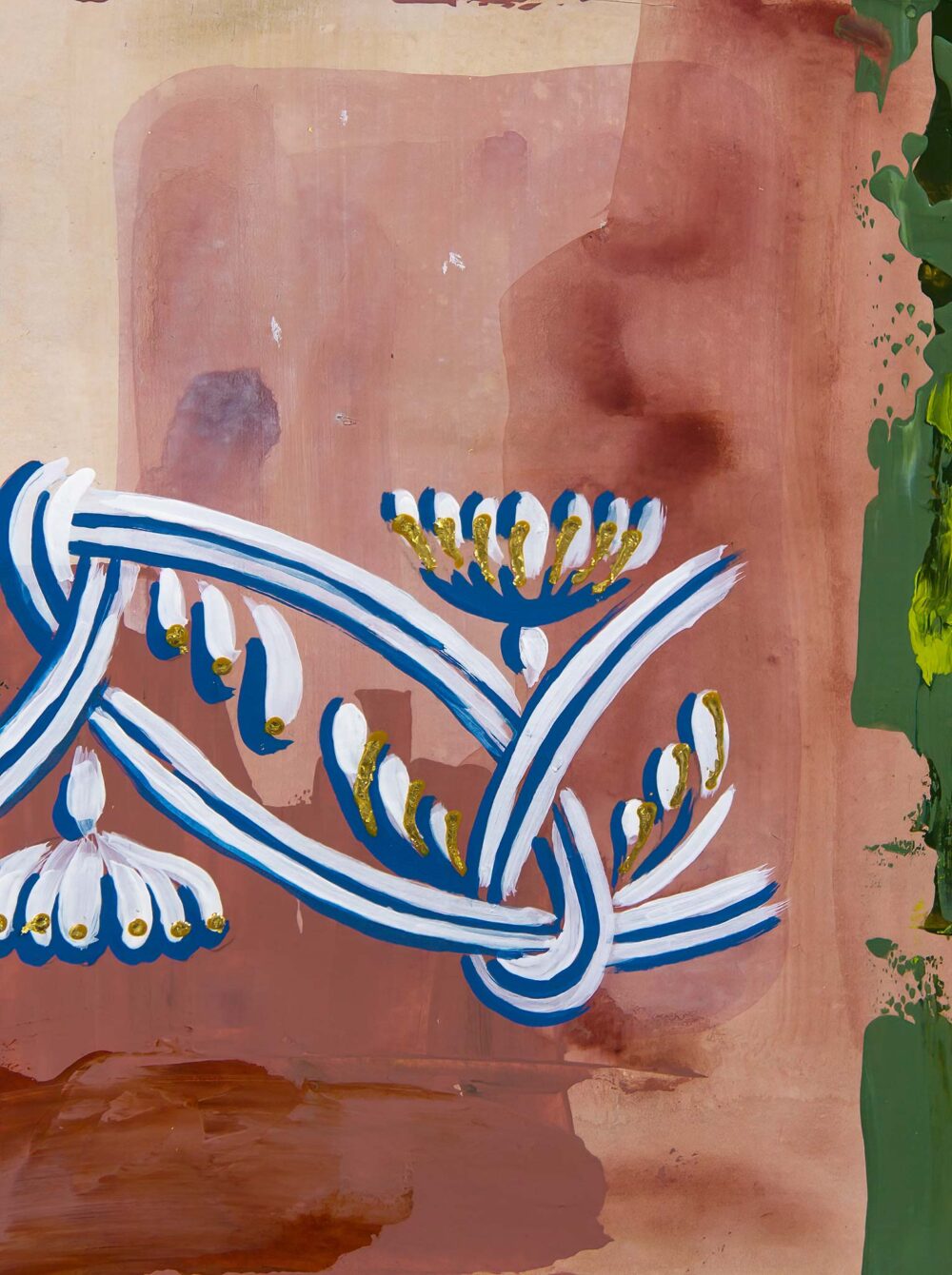 Architectural abstract painting of a low-relief ornamental motif featuring interlaced ribbon-like forms and stylized classical palmettes, rendered in white and cobalt blue with gilded accents. The knotted design evokes guilloche or Celtic knotwork, set against a painterly rose-toned ground with deep green edges.