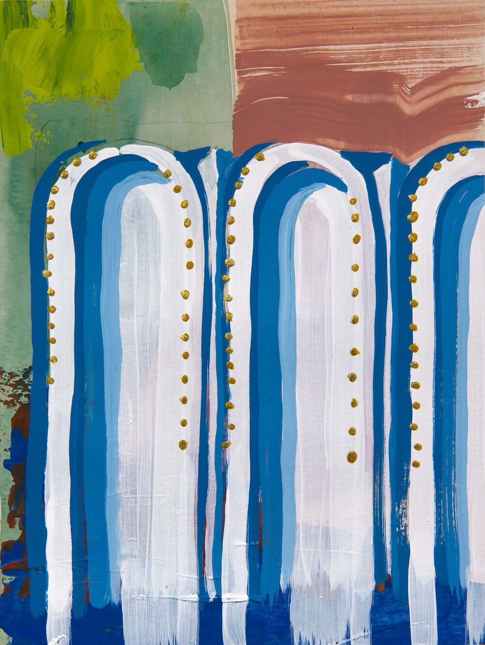 Architectural abstract painting featuring a rhythmic band of arched forms, an architectural arcade motif, painted in bold white and cobalt blue against a textured backdrop of terracotta, moss green, and pale aqua. Vertical brushstrokes elongate the arches like slender columns, each accentuated by a trail of delicate gold dots tracing their curves. The composition evokes the formality of classical architecture with a modern painterly looseness.