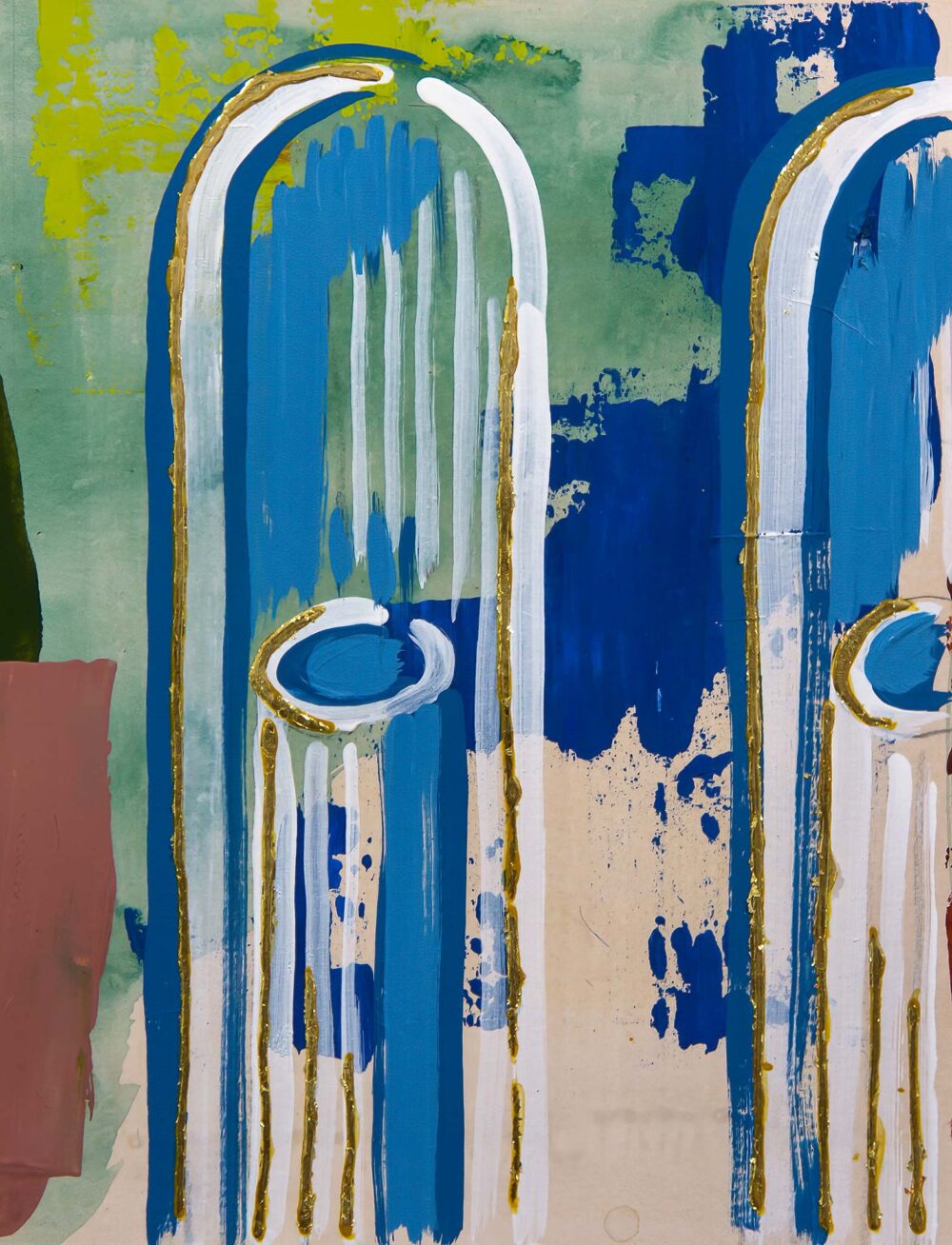 A stylized architectural abstract painting featuring elongated arcade-like arches outlined in cobalt blue, white, and gilded accents. Each arch is vertically stretched with expressive brushwork, while a central, tubular blue form sits within the middle of each arch, bordered in white and highlighted with gold. The arches are edged with raised gold lines that lend a sense of gilded grandeur. The composition evokes a modern reinterpretation of classical architectural arcades, infused with movement, depth, and painterly texture.