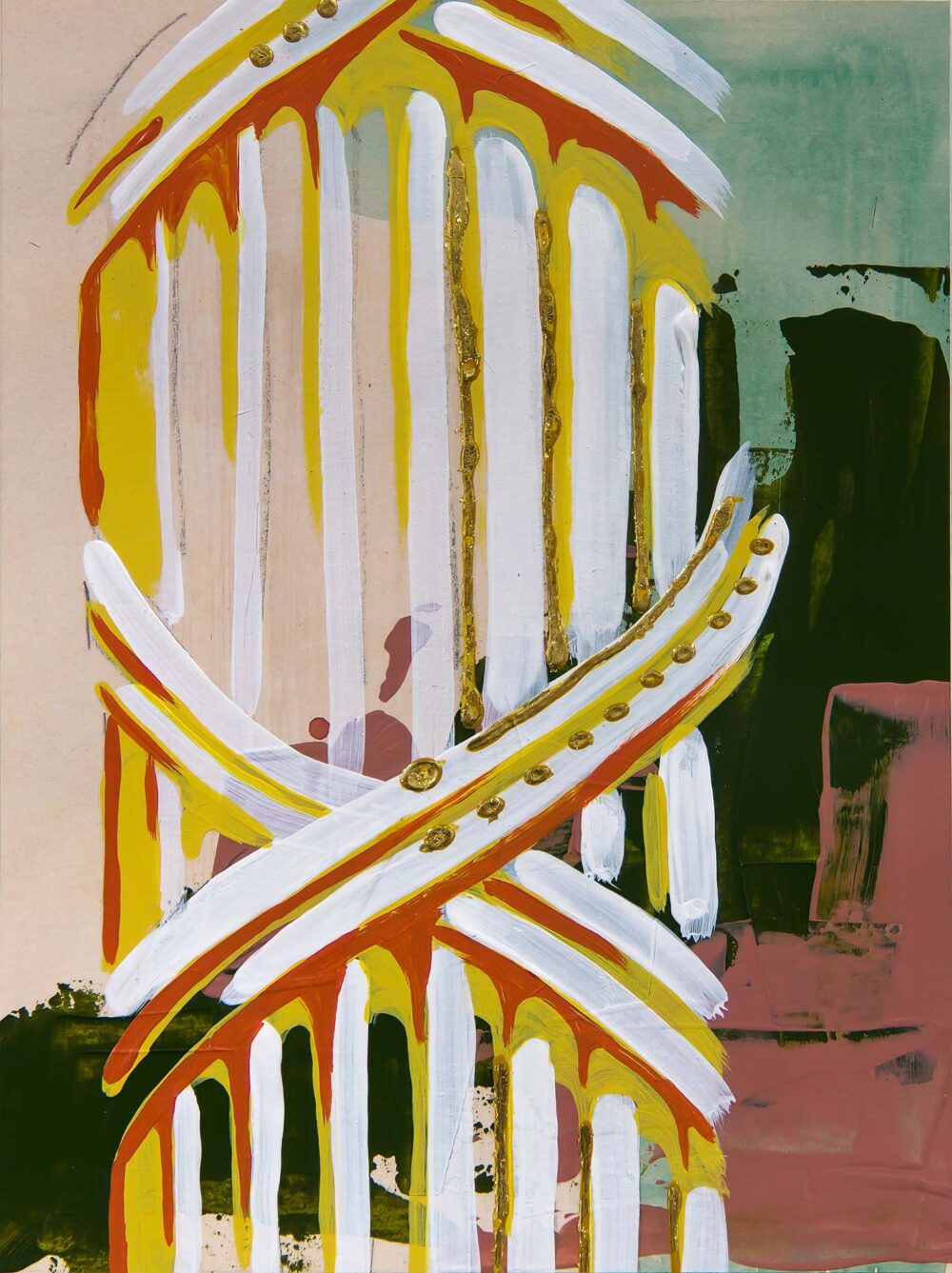 Abstract architectural painting of a neoclassical column detail, rendered in bold strokes of white, yellow, and terracotta with gilded accents. The hand-painted composition by Teale Hatheway evokes classical ornament through expressive color, layered texture, and gestural form on paper.