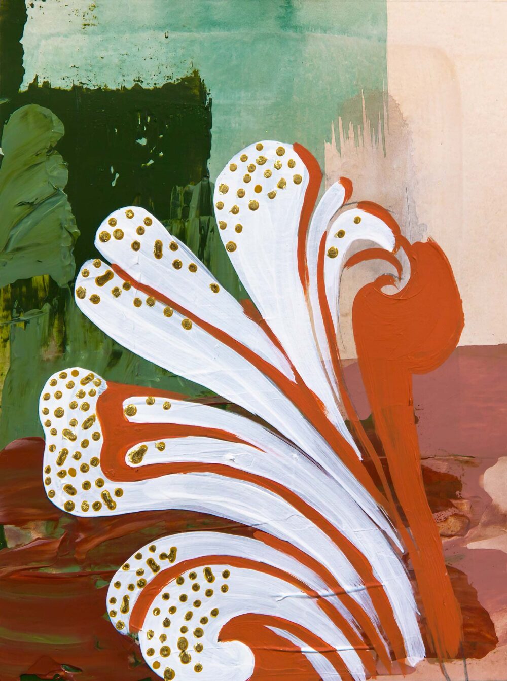 Abstract architectural painting of a neoclassical acanthus ornament by Teale Hatheway, featuring sweeping white and terracotta curves with gold leaf dot accents on a richly layered green and mauve background. A contemporary interpretation of classical form and decorative detail in vibrant color.